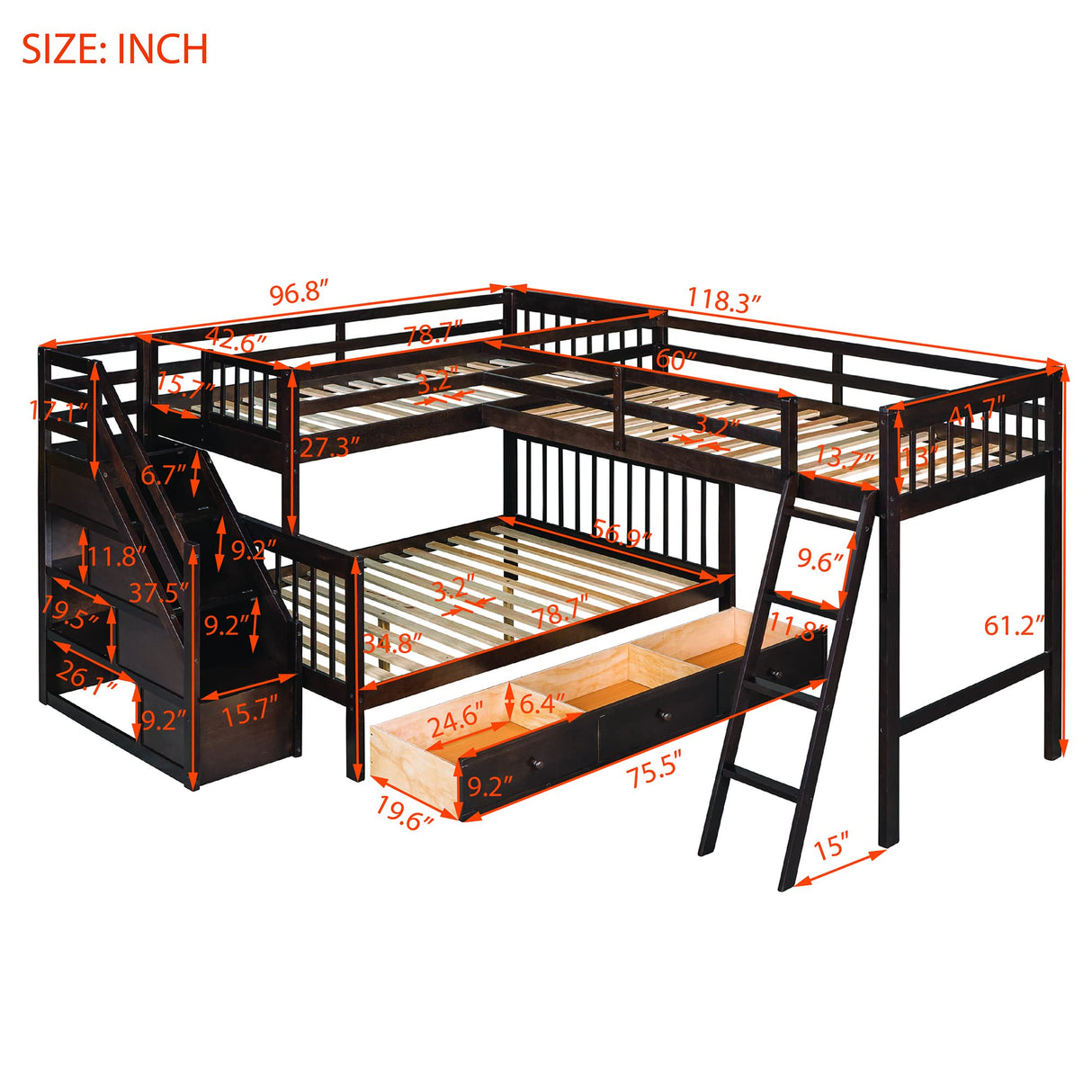 Espresso L Shaped Triple Bunk Bed with Stairs & Storage for Kids, Teens, and Adults - Twin Over Full Design Harper & Bright Designs