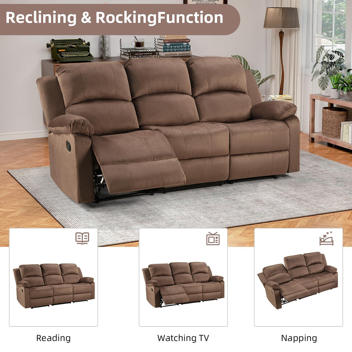 EBELLO 3 Seat Recliner Sofa for Living Room, Soft Microfiber Reclining Couch with Overstuffed Arms and Backrest for Home and Office, Brown EBELLO