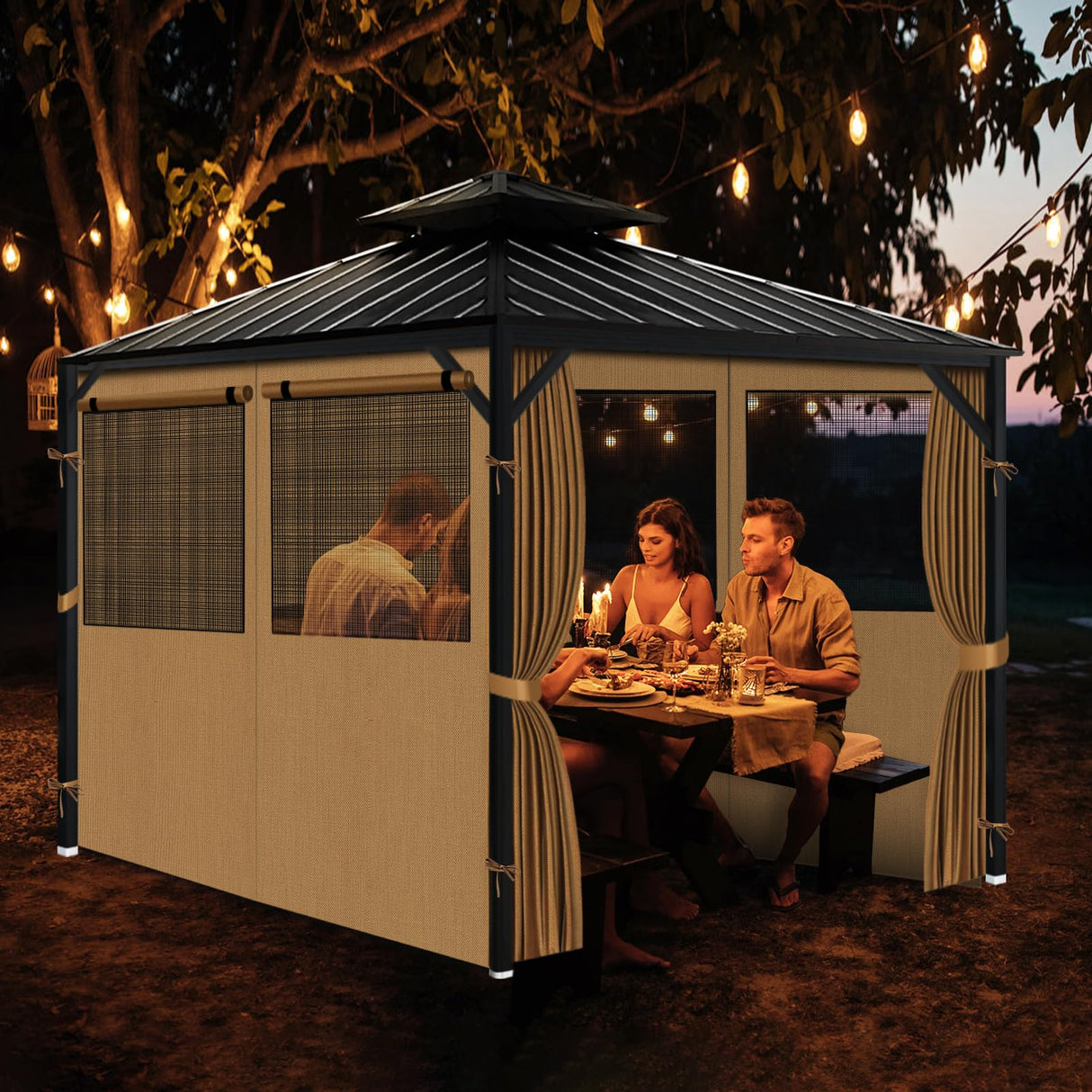 Gazebo Privacy Curtain 10'x12', Replacement Curtains with Mosquito Net Windows, 4-Panels Side Wall, Zippers, Waterproof Outdoor Curtains for Patio, Canopy, Garden and Backyard, Khaki (Curtain Only) Bstge