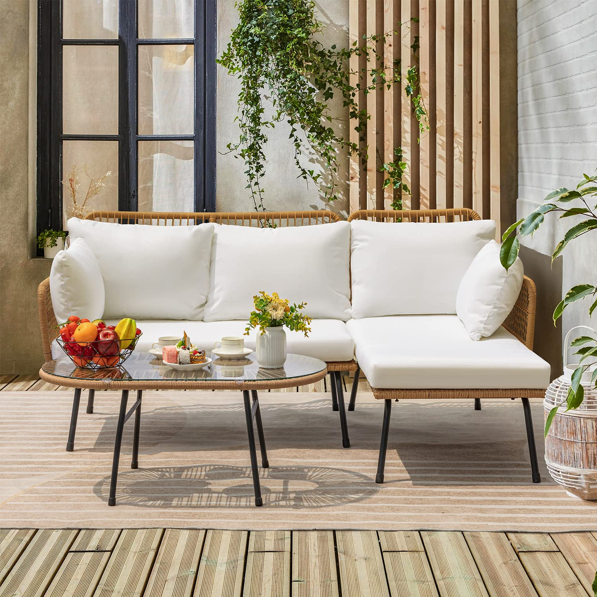 Greesum Outdoor Rope Woven Patio Furniture L-Shaped Conversation Sectional Sofa Set Detachable Lounger for Backyard Porch with Thick Cushions & Long Table, White Greesum
