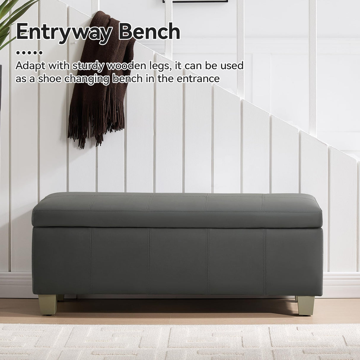 WUTUTUEE 41" Faux Leather Storage Ottoman, Stitch Tufted Rectangle Upholstered End of Bed Storage Bench, Entryway Large Couch Ottoman with Wooden Legs,Dark Grey WUTUTUEE