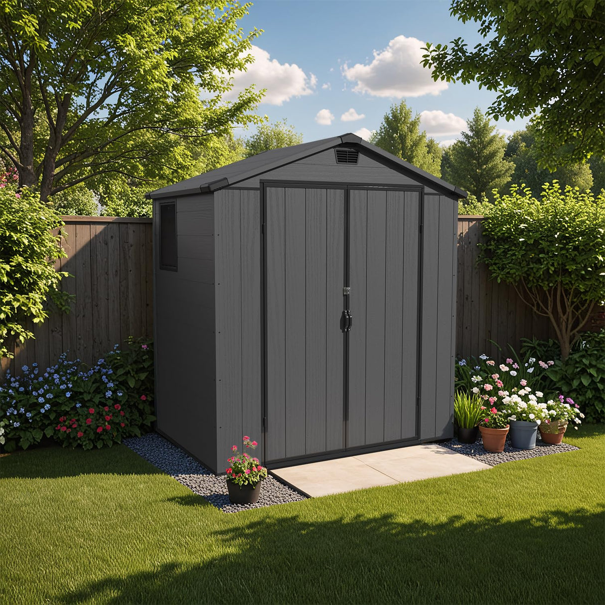 Patiowell 6 x 4 FT Plastic Outdoor Storage Shed with Floor, Resin Outside Tool Shed with Window and Lockable Door for Backyard, Garden, Tool Storage Use, Easy to Install, Dark Grey Patiowell