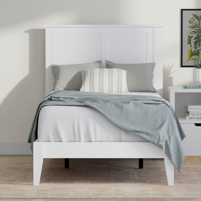ComfIQ Serene Farmhouse Style Wood Bed in Twin Size with Chevron Scoring Headboard, Coastal Modern Design, Sturdy, Easy Assembly, Ample Underbed Storage, White Finish