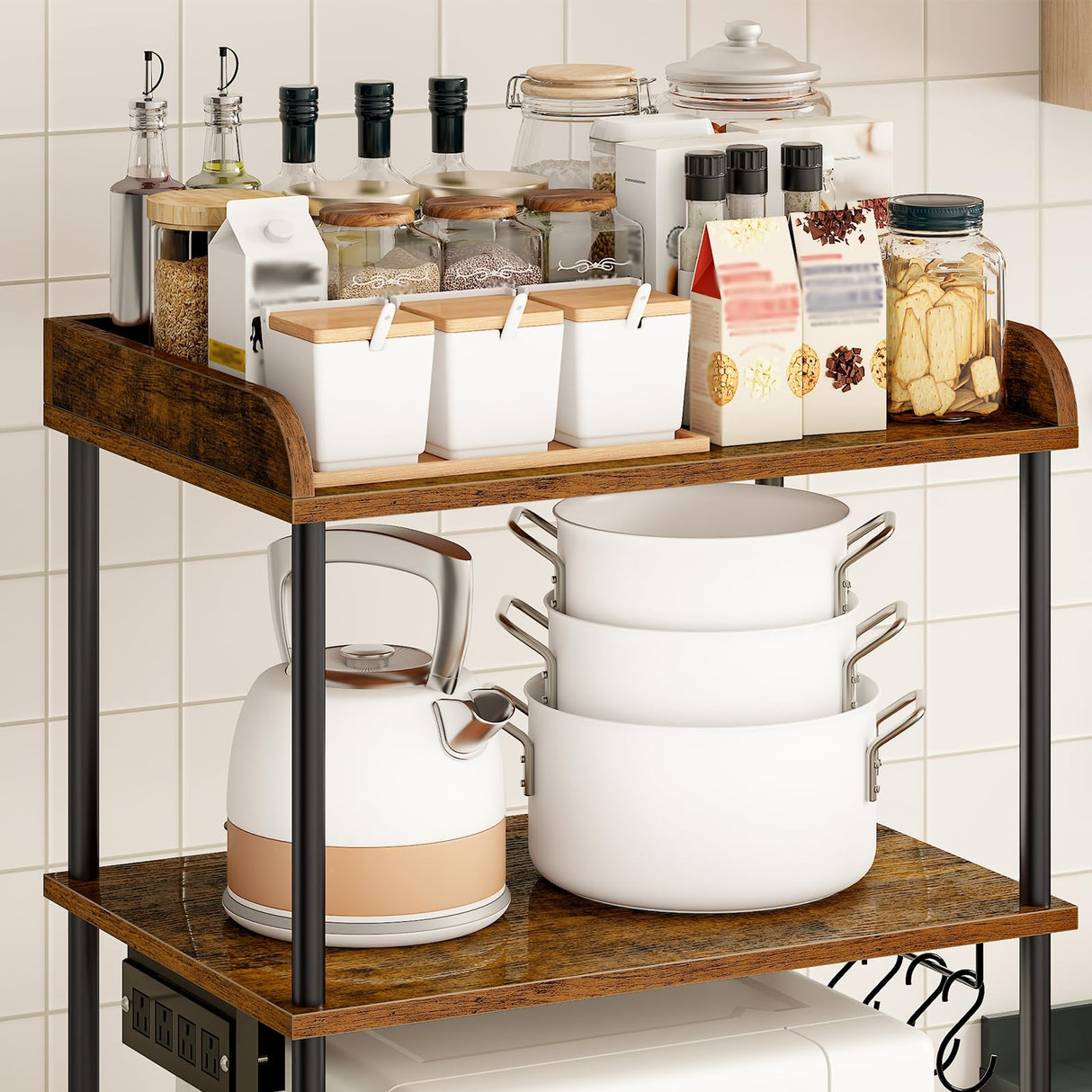 HOOBRO Rustic 5-Tier Kitchen Bakers Rack with Power Outlet and 4 Hooks HOOBRO