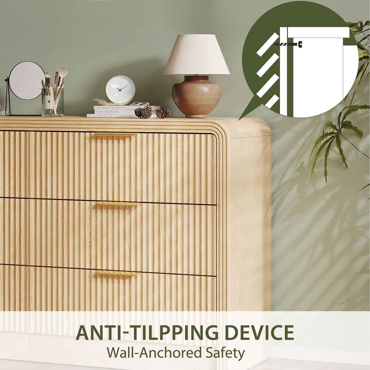 Decofy Fluted 6 Drawers Dresser for Bedroom,55'' Wide Wood Dressers with Gold Handles, Modern Dressers with Wave Texture, Large Storage Chest of Drawers, Bedroom Dresser Organizer (Natural Oak) Decofy