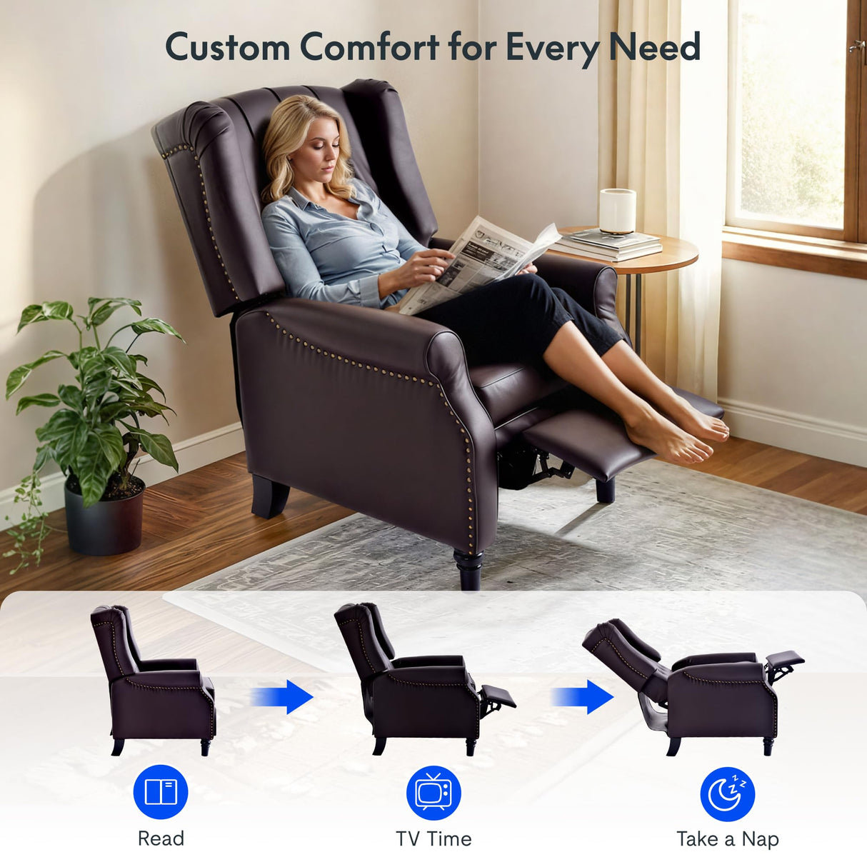 FLEXISPOT XC5 Pushback Recliner Chair for Adults, Mid Century Wingback Accent Chair with Rivet Decoration, Tufted Upholstered Single Sofa Armchair for Living Room, Bedroom, Study (Fabric, White) FLEXISPOT