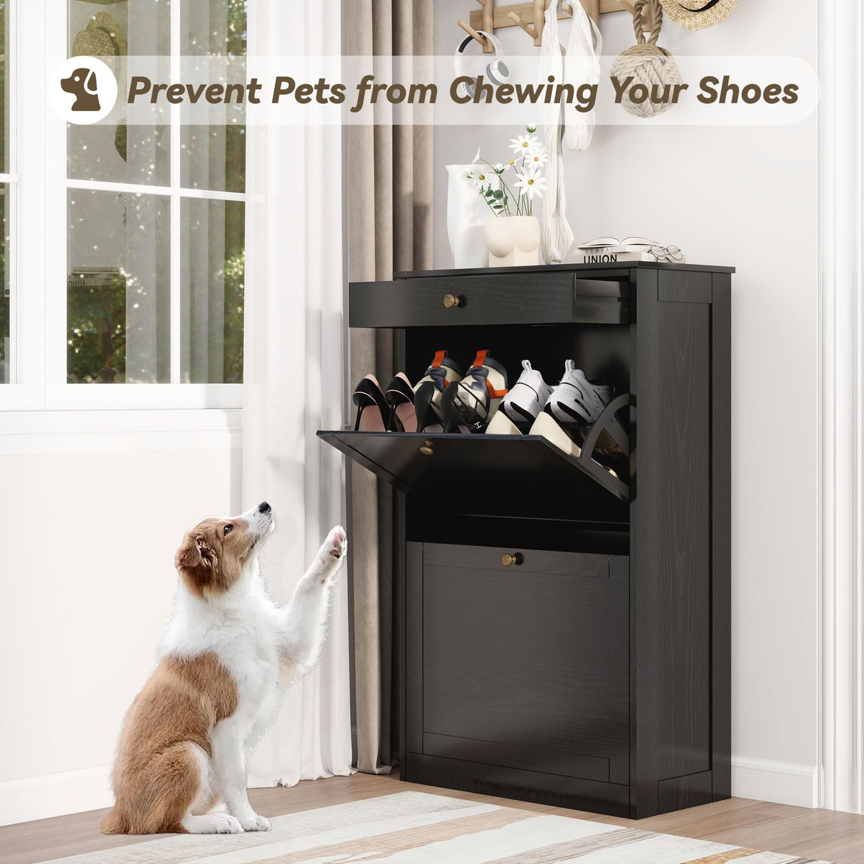 FTZxHKLX Shoe Cabinet with 2 Flip Drawers, Slim Freestanding Hidden Shoe Organizer with Drawer, Pet-Proof Shoe Storage Cabinet for Entryway Living Room Behind The Door, Black FTZxHKLX