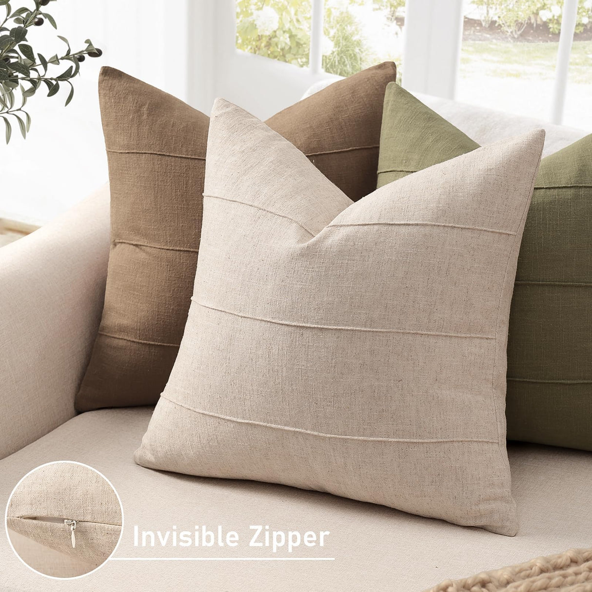 Decorative Linen Throw Pillow Covers 18x18 Set of 2 Solid handcrafted Striped Cushion Covers for Bed Soft Modern Farmhouse Neutral Pillowcase for Couch Bedroom Living Room Home Decor(Natural Beige) ZWJD