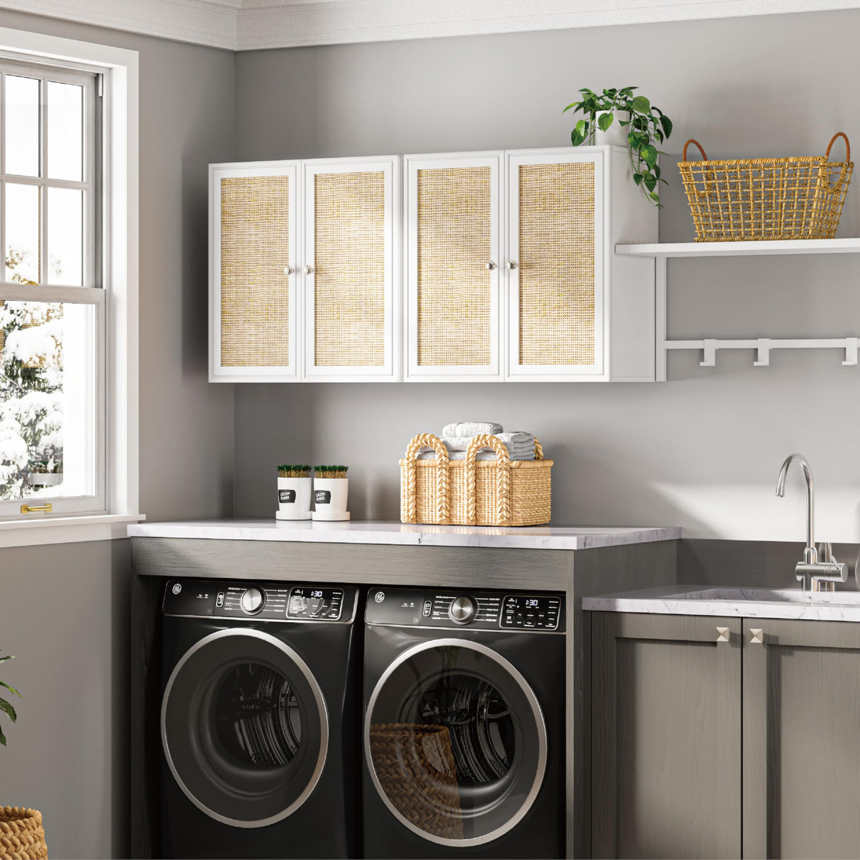 Furnaza Rattan Wall Cabinets Set - Kitchen Wall Mounted Storage Cabinets with 2 Paper Rattan Doors and Shlelf Adjustable in Laundry or Bathroom Over The Toilet,One Set of 2 Pcs, in White Furnaza