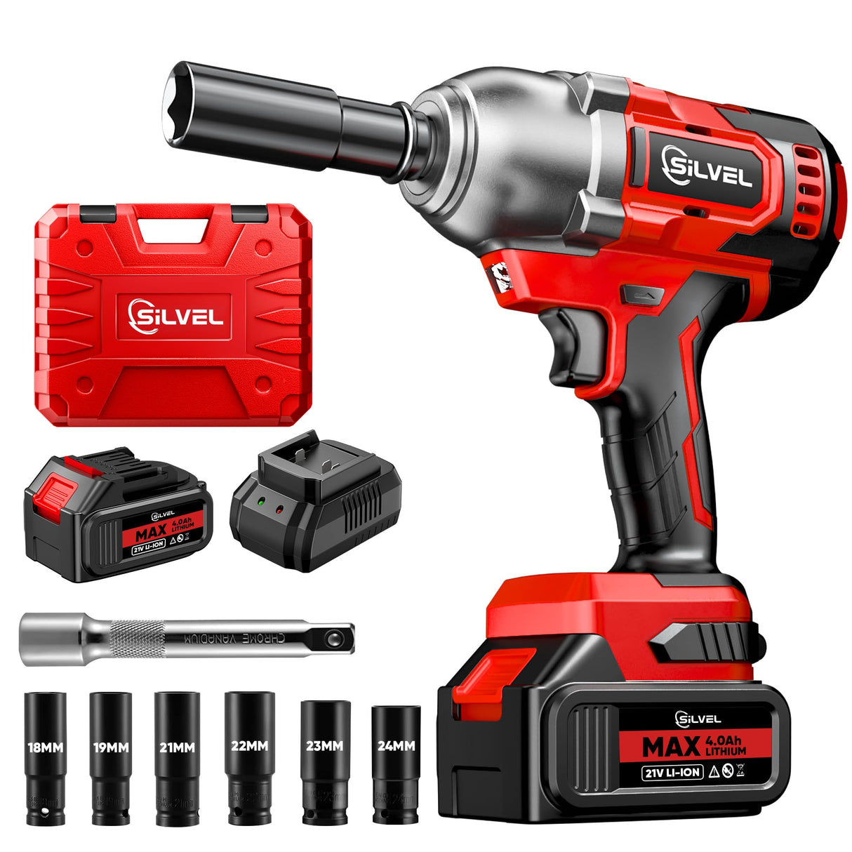 SILVEL Cordless Impact Wrench, MAX 650N.M Brushless Impact Gun 1/2 inch, 4.0Ah Battery, 6 Sockets, 3300RPM Impact Driver wih Fast Charger SILVEL