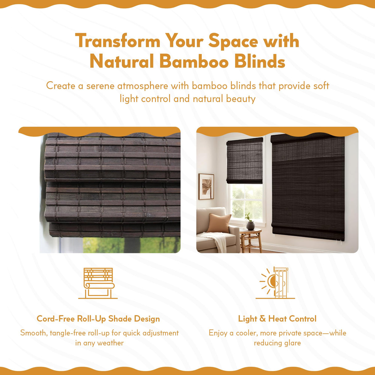 Radiance Cordless Bamboo Roman Shades for Windows - Flatweave Bamboo Blinds for Reduce Bright Light - Easy to Lift & Fold Up Window Shades - Espresso - 39 in. W x 64 in. L - (2208840E) Radiance