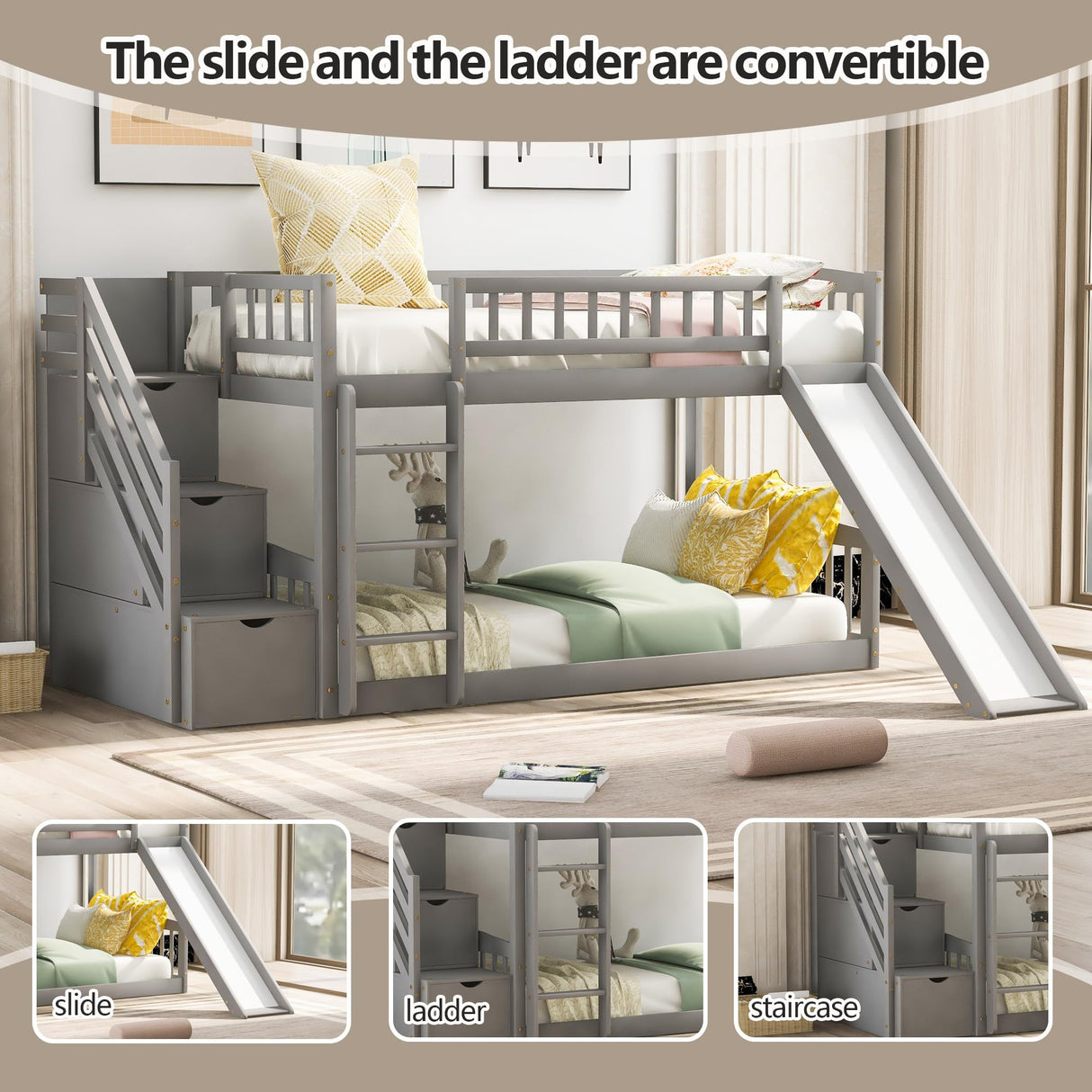 Twin Over Twin Bunk Beds with Slide, Low Bunk Bed Frame with Storage Drawers Stairway Wood Bunk Bed with Slide for Kids Boys Girls, Gray Finish Bellemave