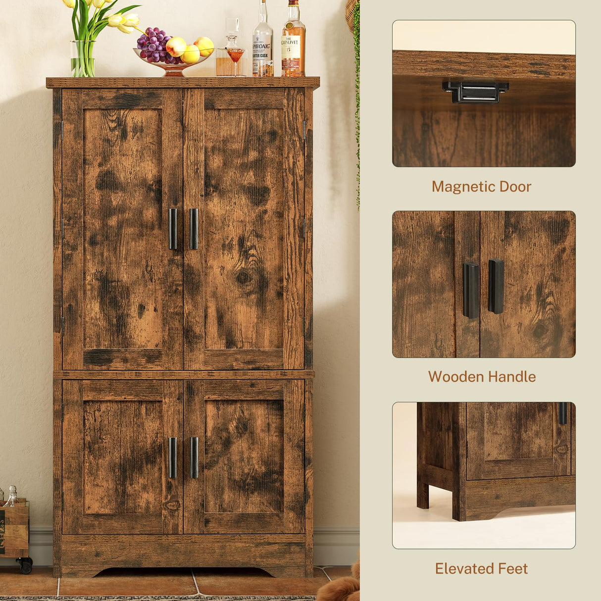 usikey Storage Cabinet with 4 Doors, 43.3" H Farmhouse Kitchen Cabinet with 6 Door Shelves, Kitchen Pantry with 3 Adjustable Shelves, for Living Room, Rustic Brown usikey