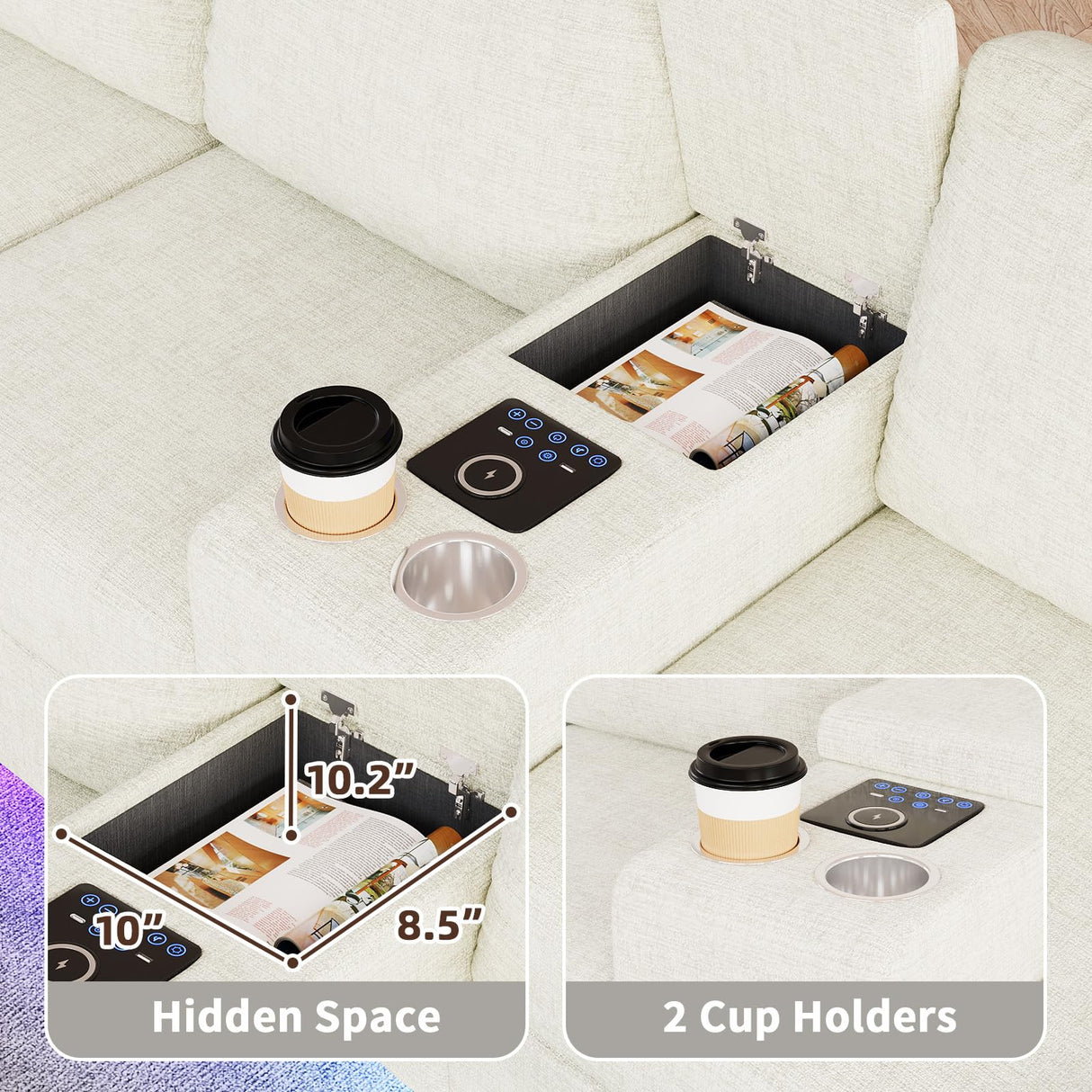 ZSDT Sectional Couches for Living Room, 6 Seat Sectional Sofa Smart Module-Bluetooth Speaker/RGB Light/Charging Station, Chenille U Shaped Couch with 2 Movable Storage Ottomans (Beige) ZSDT