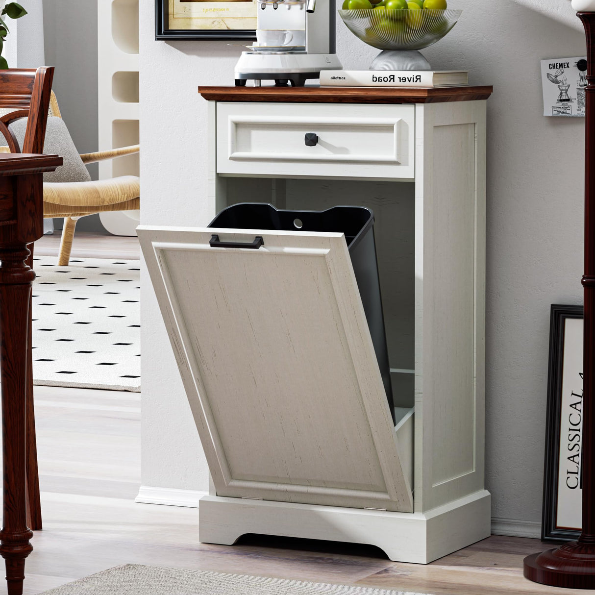 Spurgehom 13 Gallons Tilt Out Trash Cabinet Free Standing Kitchen Trash Garbage Bin Recycling Trash Cabinets with Hideaway Drawer Pet Proof Trash Can Holder for Kitchen, Antique White and Brown Spurgehom