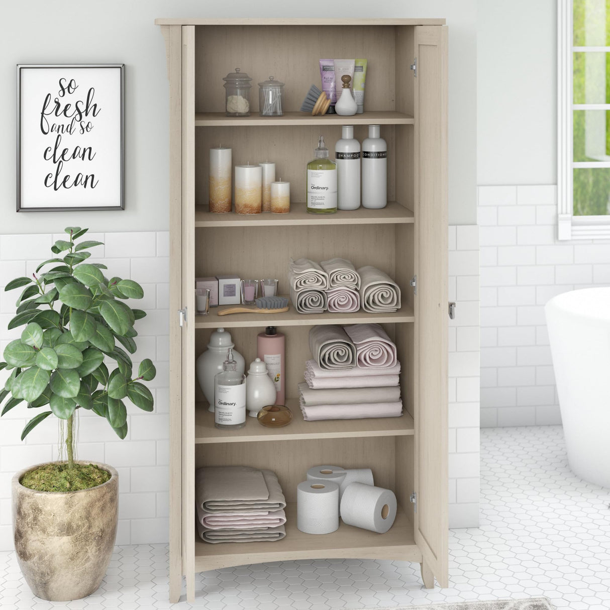 Bush Furniture Salinas Antique White Bathroom Storage Cabinet with Doors Bush Business Furniture