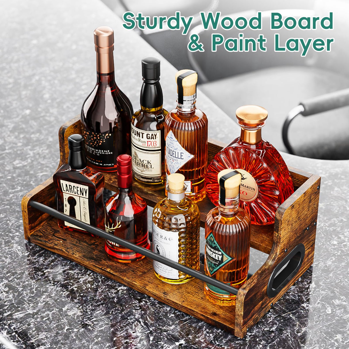 KLM Liquor Bottle Display Shelf, Coffee Syrup Rack Organizer, 2 Step Countertop Liquor Wine Rack, mini bar,Liquor Cabinet, Home Retro Bar Shelf Stand for Liquor Whiskey, Spirits, Brown KLM