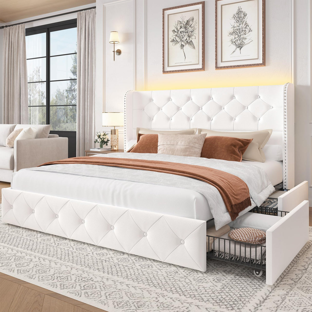 LARMACE Queen Size Bed Frame with Storage Drawers and Tufted Headboard Velvet Upholstered Platform Bed Frame with LED Light Wingback Beds with Wooden Slats Support, Easy Assembly, White LARMACE