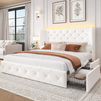 LARMACE Queen Size Bed Frame with Storage Drawers and Tufted Headboard Velvet Upholstered Platform Bed Frame with LED Light Wingback Beds with Wooden Slats Support, Easy Assembly, White
