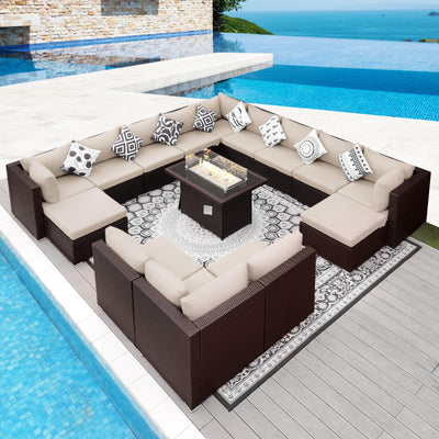 NICESOUL 15 Piece Outdoor Sectional with Fire Pit Table, Modern Luxury Patio Deep Seating w/Firepit, 29.3'' High-Back Wicker Couch Thick, Big High-Weight Capacity Sofa for Garden, Yard, Brown & Beige