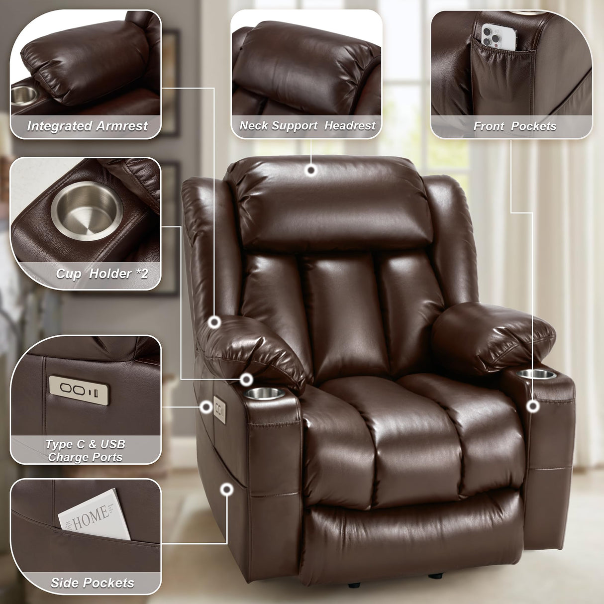 Outspurge Power Lift Recliner Leather Chair Sofa with Massage & Heat, Lazy Boy Chair with Cup Holders, USB & Type-C Ports, Remote Control (Brown) Outspurge
