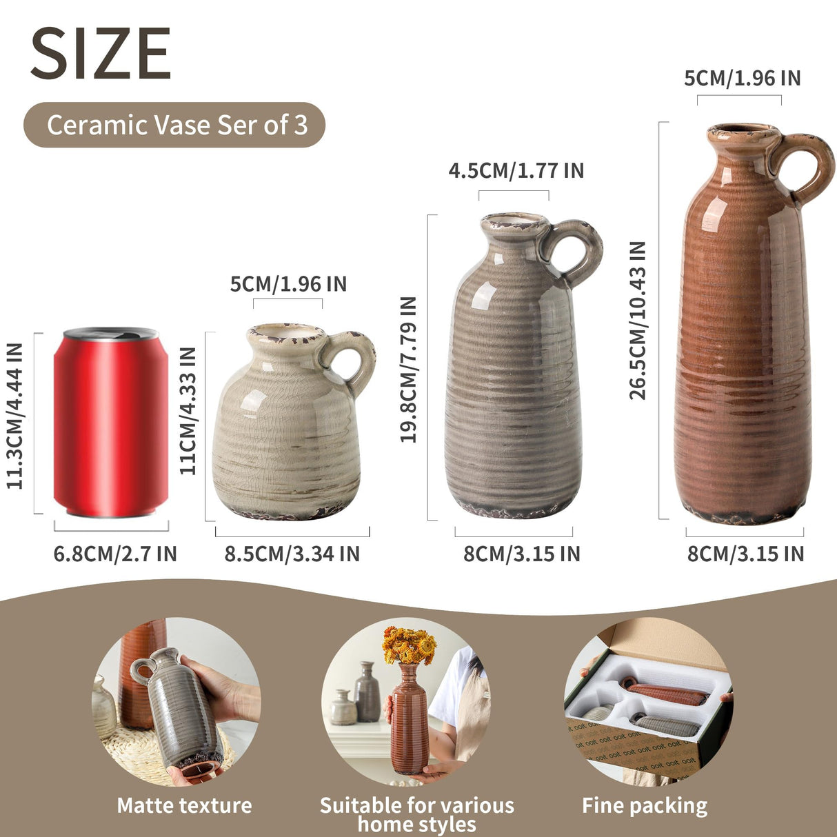 Ceramic Vases Set of 3, Neutral Rustic Farmhouse Vase with Handle, Decorative Flower Vases Home Decor Modern Boho Pampass Vase for Table Mantel Entryway Shelf Living Room Kitchen Bathroom - Brown ooit