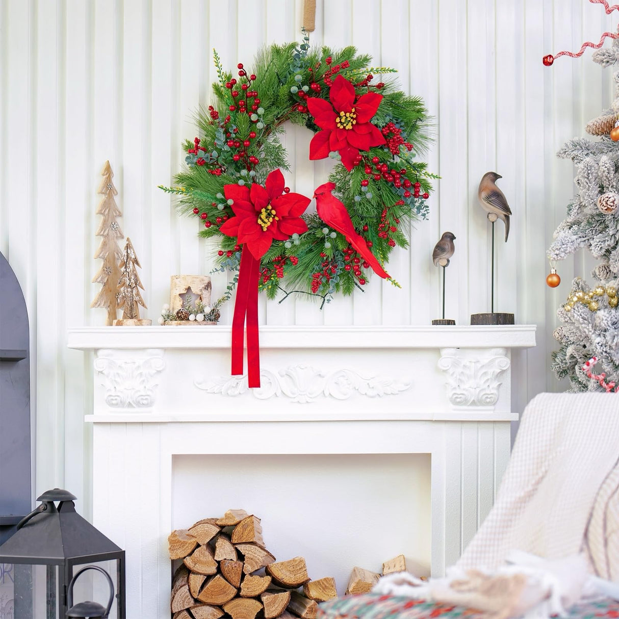 Pinkpuii Pre-Lit Christmas Wreaths for Front Door 24 Inch Christmas Wreath with Lights,Large Winter Wreath with Cardinal Birds,Poinsettia,Green Evergreen Pine Needles Red Berries Holiday Wreath Decor Pinkpuii