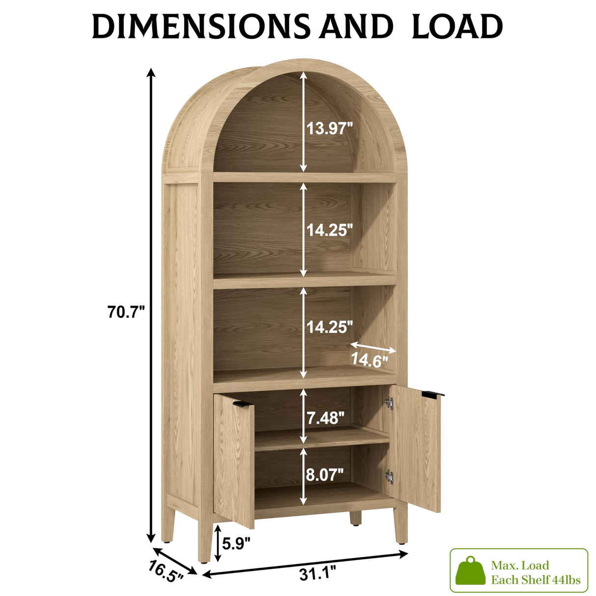 Yusong 71" Tall Arched Bookcase, 5-Tier Arched Bookshelf, Arch Cabinet Display Cabinet with Fluted Doors and Shelves, Modern Farmhouse Kitchen Pantry for Living Room Bedroom, Nature Yusong
