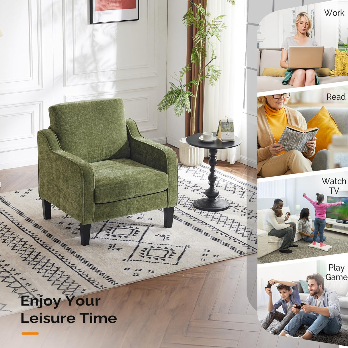 VINGLI Accent Chair for Living Room Chairs Olive Green Reading Chair for Bedroom Scooped Arm Chair Mid Century Modern Accent Chairs Upholstered Comfy Chair for Apartment, Waiting Room VINGLI