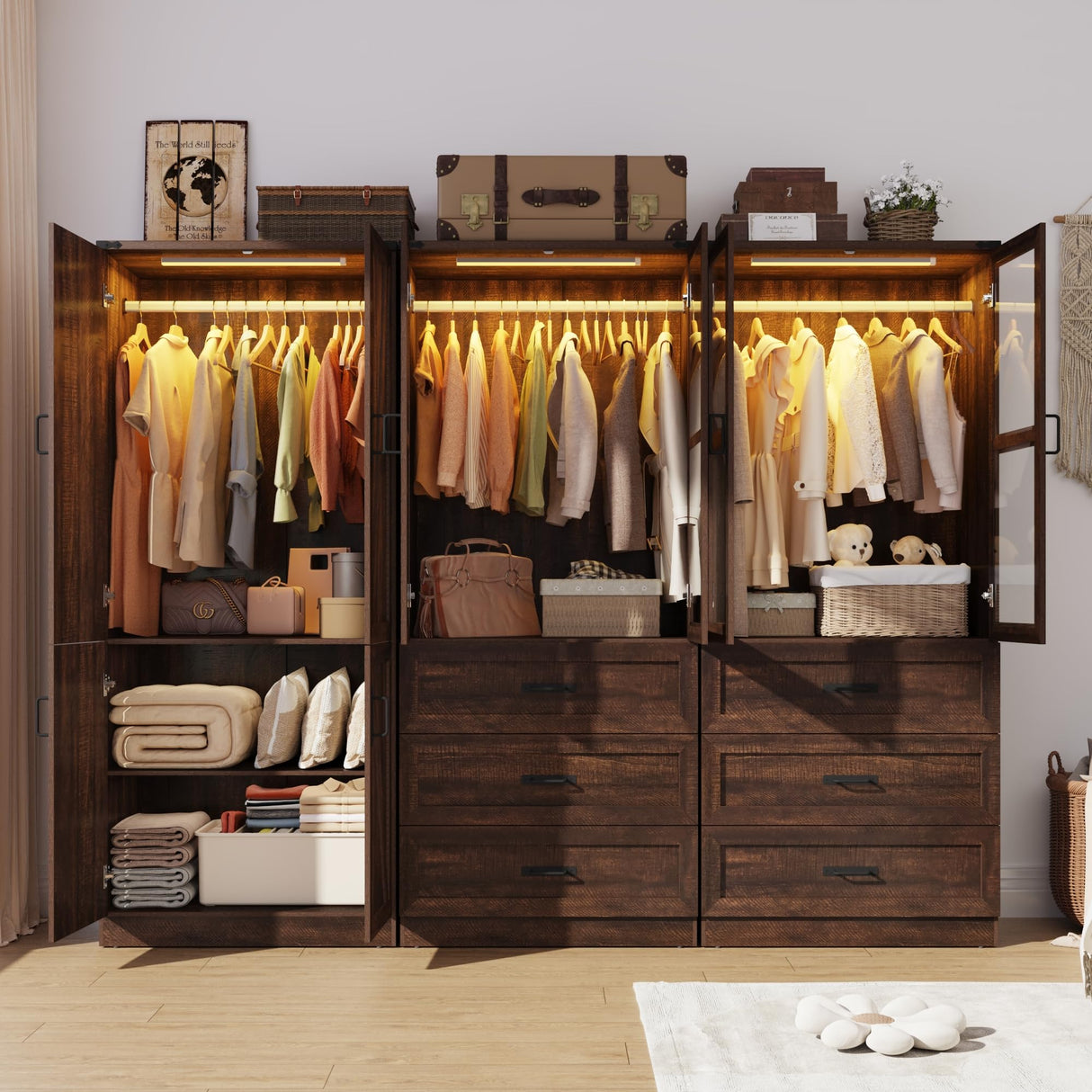 Hlivelood 75" Tall Farmhouse 6 Doors Armoire Wardrobe Closet with 6 Drawers and LED,Freestanding Closet Wardrobe Cabinet for Bedroom with Hanging Rod,Wooden Armoire Storage Cabinet(Brown 6 Doors 2) Hlivelood