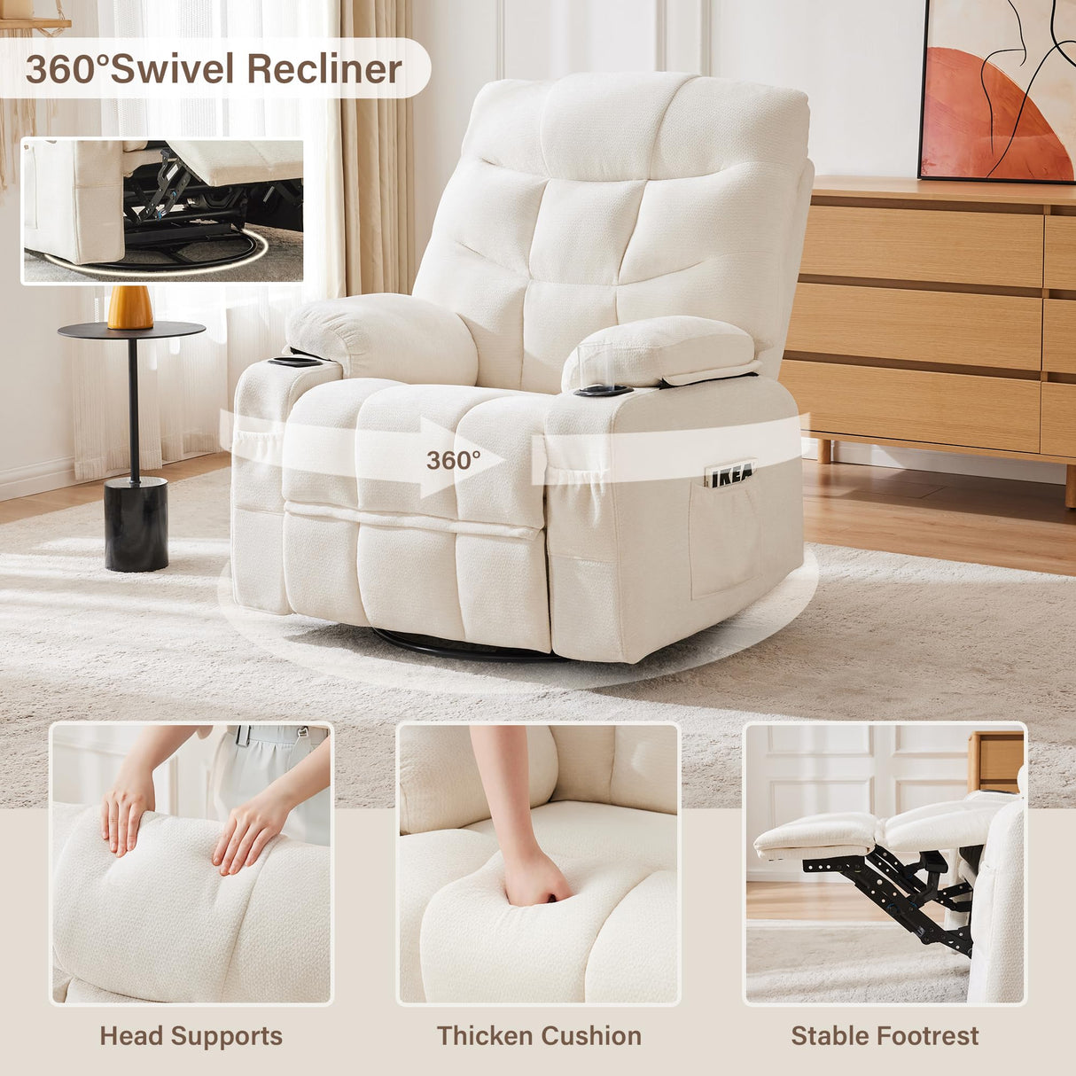 Hicosit Manual Rocker Recliner Chair, 360°Swivel Recliner Chairs for Adults, Single Recliner Seat with Cup Holders,Upholstered Fabric Lazy Boy Recliner,White Hicosit