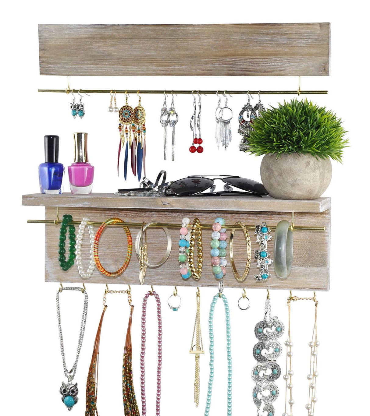 Spiretro Wall Mounted Wood Jewelry Organizer with Metal Bars, Set of 2 Spiretro