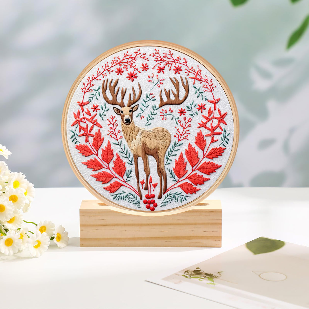 Chunful 6 Pcs Embroidery Hoop Display Stand Wooden Embroidery Frames Holder 2 Tier Groove Cross Stitch Hoop Stand Base Accessories for Display Works Home Exhibition Decor Chunful