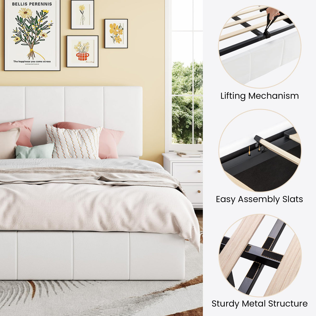 SHA CERLIN King Size Lift Up Storage Bed Frame, Adjustable Headboard, Hydraulic Support, Velvet Upholstered, Easy Installation, No Box Spring Needed, White SHA CERLIN