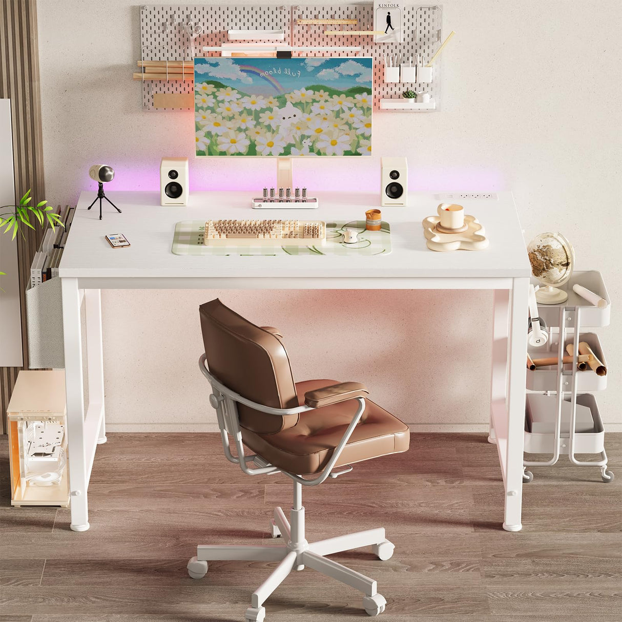 Lufeiya White Computer Desk with Power Outlet, 47 inch Teen Study Table Home Office Work Writing Gaming Desks with Charging Station Outlets Built in, White Lufeiya