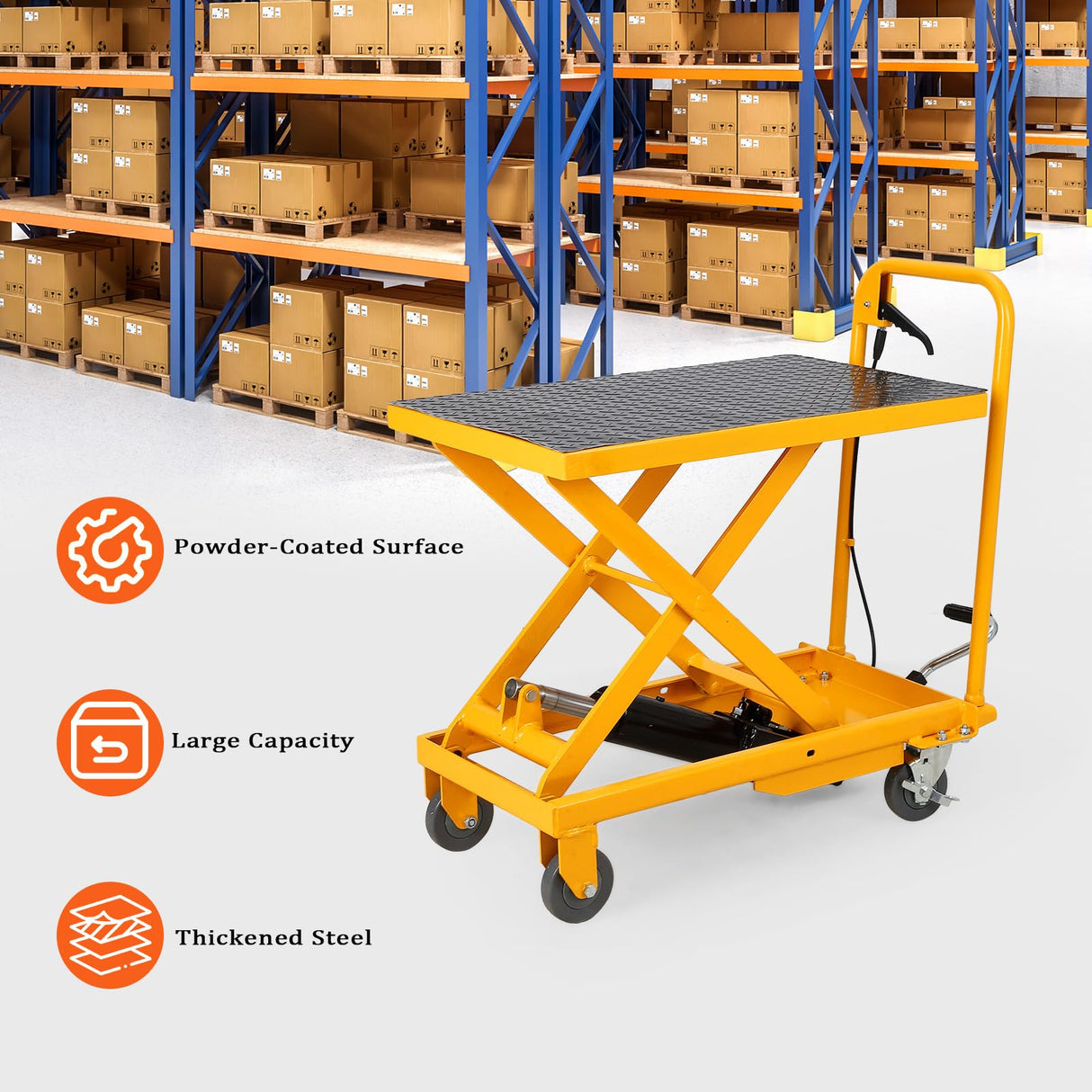 1100lbs Hydraulic Lift Table Cart, 34" Lifting Height, Manual Single Scissor Lift Table with 4 Wheels and Non-Slip Pad, Hydraulic Scissor Cart for Material Handling, Yellow EliteEdge