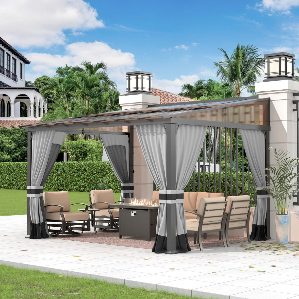 Gotland 10FTx12FT Outdoor Wall-Mounted Hardtop Pergola, Metal Frame Gazebo with Sloping Sun Panel Roof and Double Curtains for Patio, Garden, Lawn, Grey Gotland