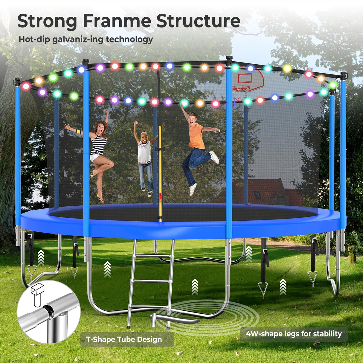 Lyromix Upgraded 12FT Trampoline for Kids and Adults, Large Outdoor Trampoline with Stakes, Light, Sprinkler, Basketball Hoop and Net, Capacity for 4-6 Kids and Adults Lyromix