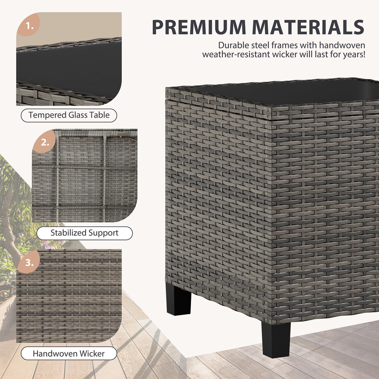 Vongrasig 3 Piece Patio Furniture Set Small Outdoor Wicker Rattan Front Porch Bistro Set Cushioned Patio Chairs Conversation Set with Glass Table for Lawn, Garden, Backyard, Balcony, Poolside (Grey) Vongrasig