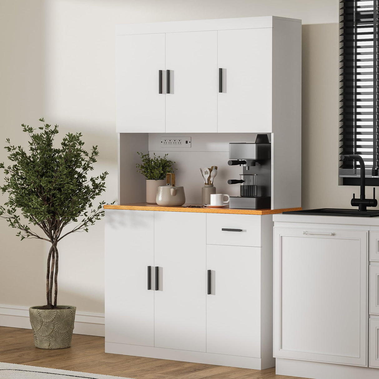 DIYART White Kitchen Pantry Cabinet, 71" Tall Kitchen Storage Cabinet with Power Outlet, Freestanding Kitchen Hutch with countertop DIYART