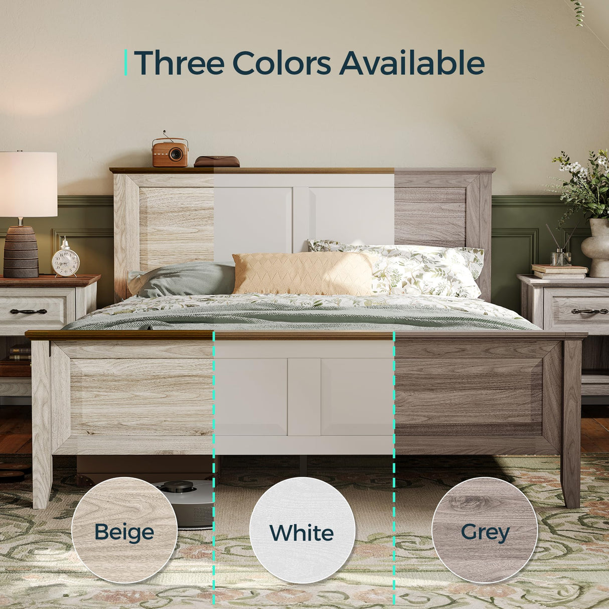 LINSY Wood Queen Bed Frame with Headboard, Farmhouse Bed Frame Queen Size with High Footboard, Wood Bed Fast Assembly, Noise-Free, No Box Spring Needed - White LINSY