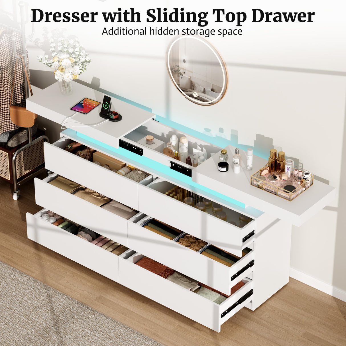 White Dresser with LED Lights,6 Drawer Dresser for Bedroom Sliding Desktop and Power Outlet Modern Wood Chest of Drawers for Closet Organizer Cabinet for Bedroom, Living Room, Entryway, Hallway Vipbear