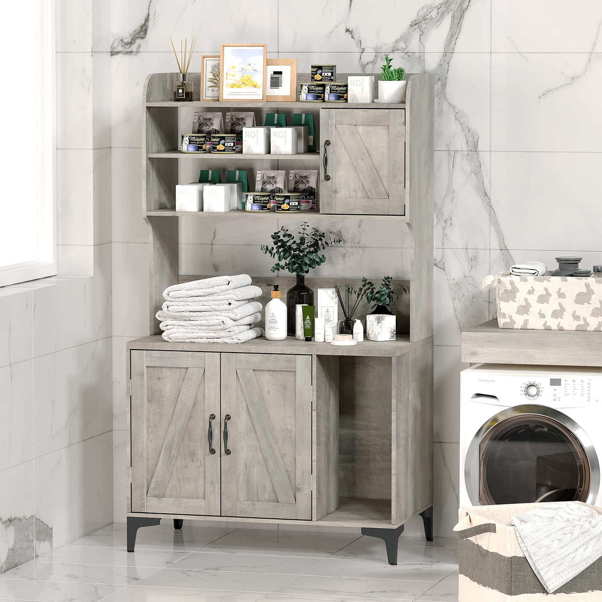 IDEALHOUSE Cat Litter Box Enclosure with Shelves and Doors,Wood Sturdy Hidden Litter Box Furniture,Indoor Cat House Furniture for Most of Litter Box,Litter Box Cabinet,Grey IDEALHOUSE