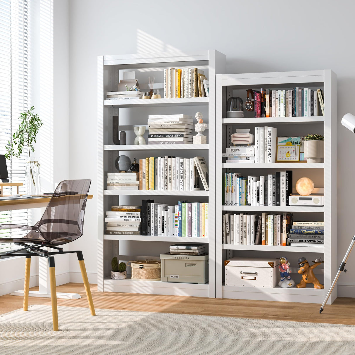 RGGCABINET Metal Bookshelf, 5-Tier Bookcase with Adjustable Storage Shelves, White Book Shelf with Book Stopper, Modern Bookshelf for Living Room, Library, Home, Office RGGCABINET