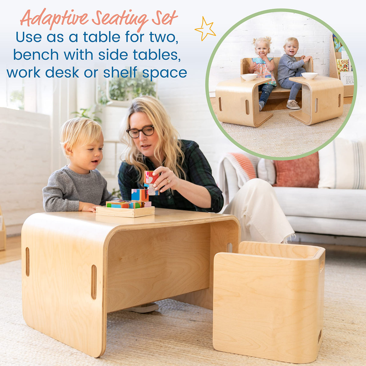 ECR4Kids Premium Bentwood Multipurpose Table and Chair Set, Kids Furniture, Natural, 3-Piece ECR4Kids