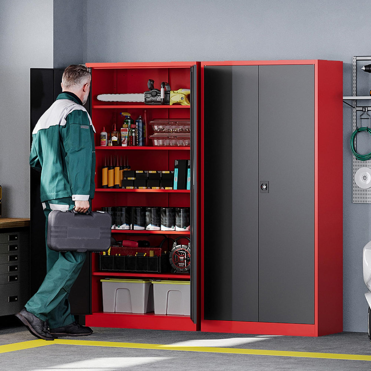 Letaya Metal Storage Cabinets with Lock, 71" Tall Locker Organizer Steel Cabinets, Adjustable Shelves 2 Doors for Home, Office, Warehouse,Garage,Industrial,Employee Lockers (Style B, Black Red) Letaya