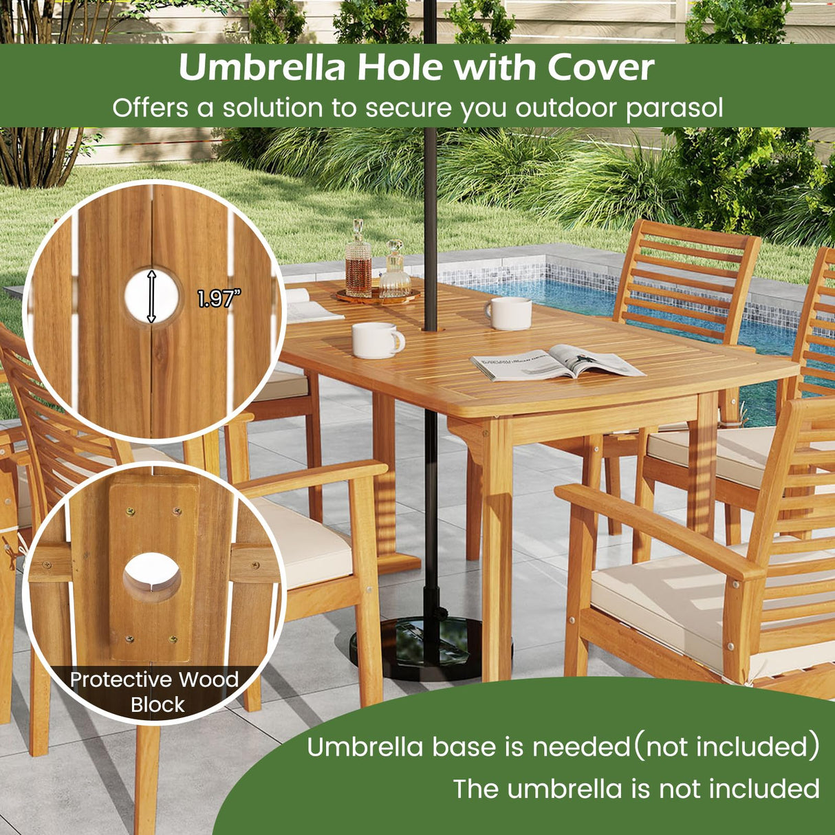 Tangkula 7 Piece Patio Acacia Wood Dining Set for 6, Patio Rectangle Table with Umbrella Hole & 6 Cushioned Armchairs, for Backyard Garden Poolside Deck, Natural Tangkula