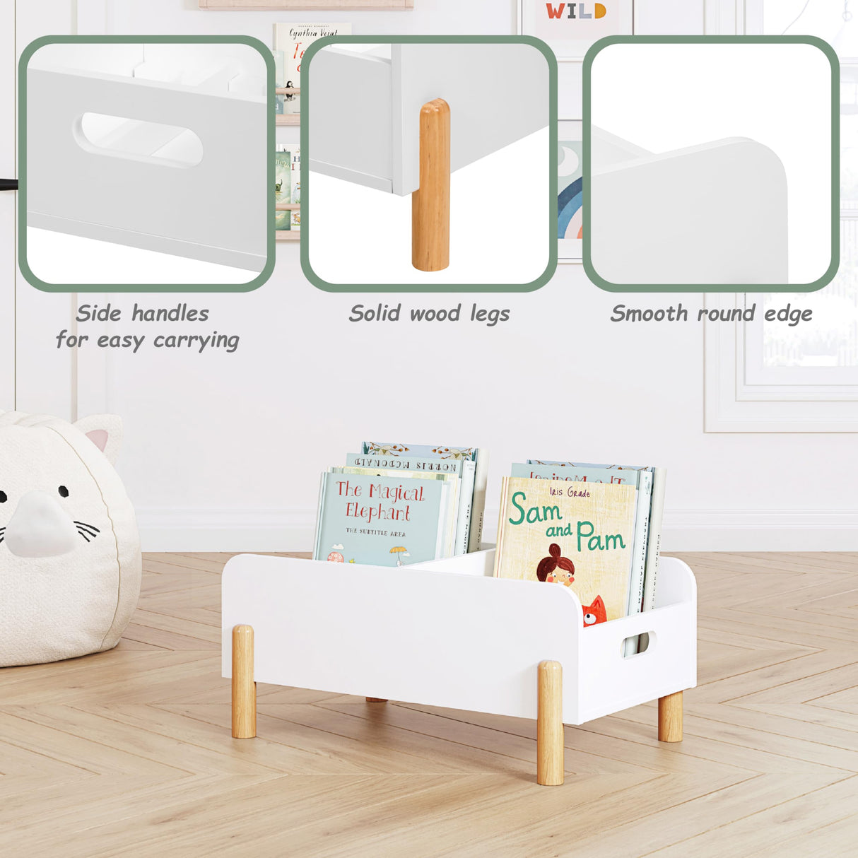 UTEX Montessori Bookshelf for Kids, Wooden Book Shelf for Kids Rooms, Toddler Book Caddy with Adjustable Divider, Floor Book Display, Baby Book Rack for Classroom Nursery UTEX