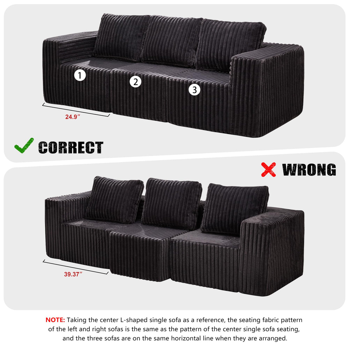 Modular Sectional Sofa 3-Seater Modular Couch with Deep Seat Memory Foam Cloud Chair with Pillows Oversized Sectional Sofa for Living Room Bedroom (Strip Grey, 3-Seater) Hobestluk