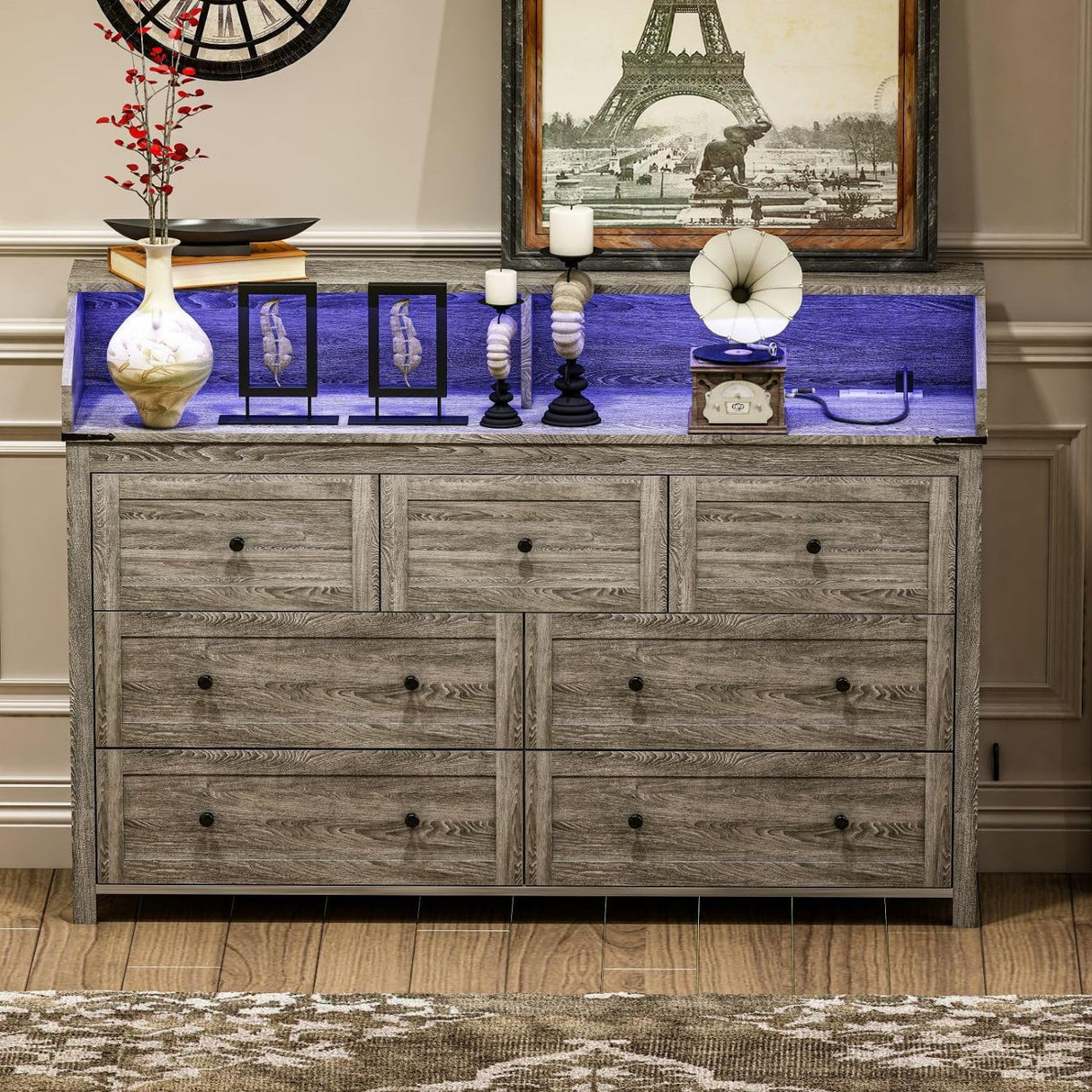 GlouMod Farmhouse 7 Drawers Dresser for Bedroom,Wooden Dresser with LED Light & Power Outlet, Tall Dresser Wide Chests of Drawers, Storage Organizer for Living Roon, Entryway, Closet, Gray Dresser GlouMod